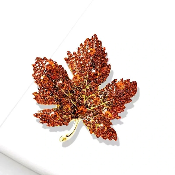 Bria Red Maple Leaf Orange Crystal Brooch - Picture 1 of 7